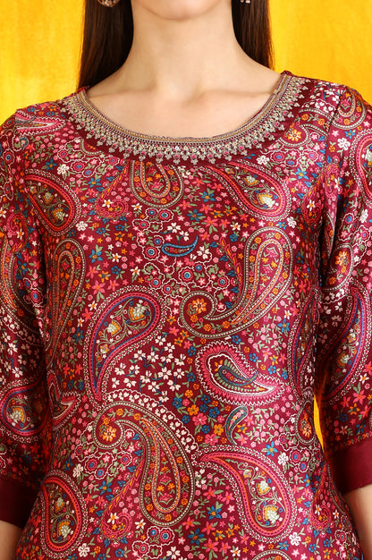 Wine Paisley Printed Japanese Satin Embroidered Kurta and Straight Pants Co-ord Set