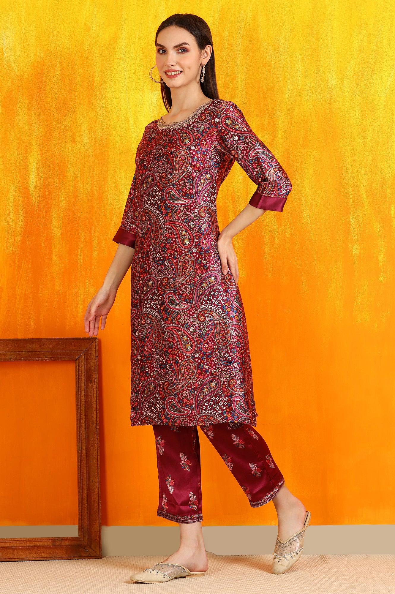 Wine Paisley Printed Japanese Satin Embroidered Kurta and Straight Pants Co-ord Set