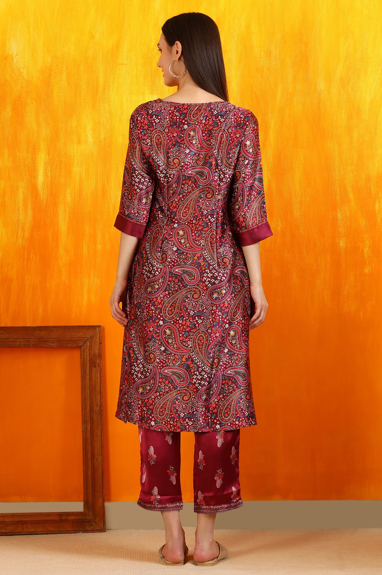 Wine Paisley Printed Japanese Satin Embroidered Kurta and Straight Pants Co-ord Set