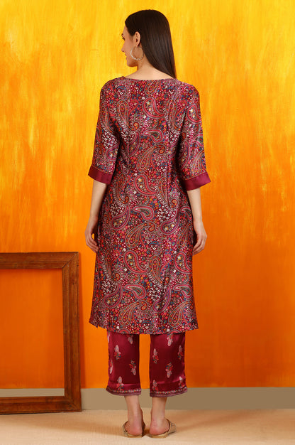 Wine Paisley Printed Japanese Satin Embroidered Kurta and Straight Pants Co-ord Set