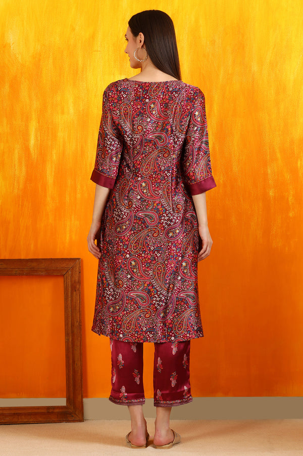 Wine Paisley Printed Japanese Satin Embroidered Kurta and Straight Pants Co-ord Set