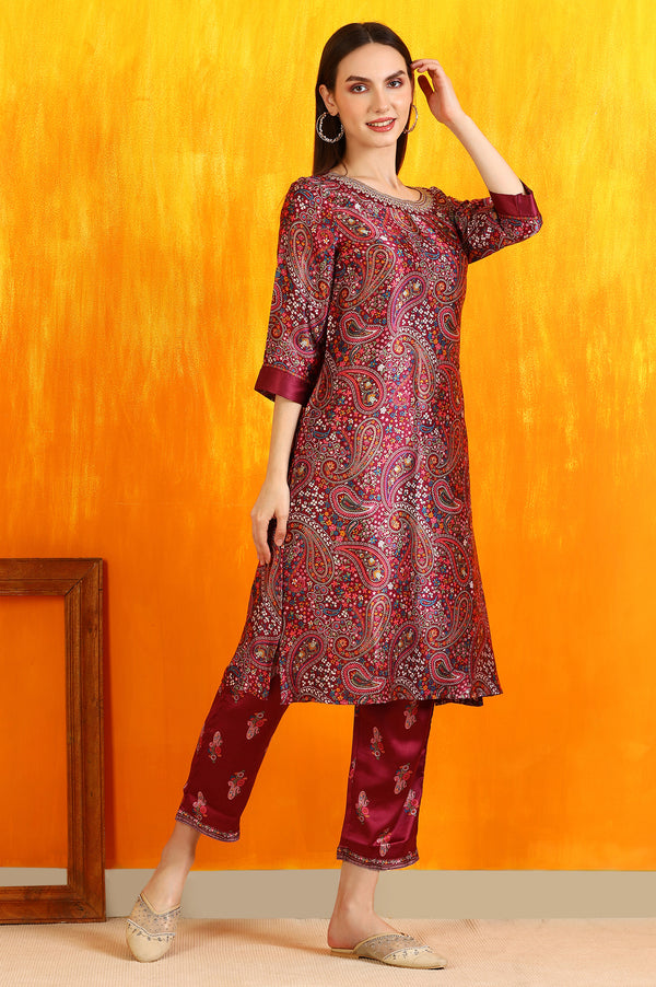 Wine Paisley Printed Japanese Satin Embroidered Kurta and Straight Pants Co-ord Set