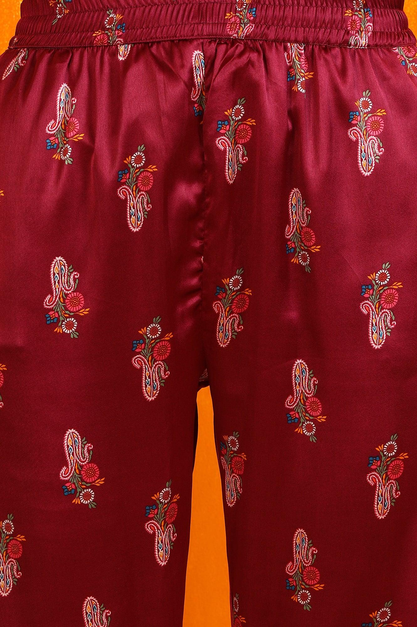 Wine Paisley Printed Japanese Satin Embroidered Kurta and Straight Pants Co-ord Set