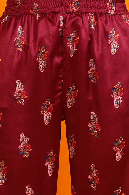 Wine Paisley Printed Japanese Satin Embroidered Kurta and Straight Pants Co-ord Set