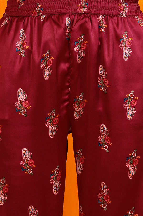 Wine Paisley Printed Japanese Satin Embroidered Kurta and Straight Pants Co-ord Set