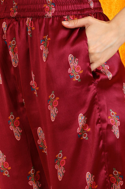 Wine Paisley Printed Japanese Satin Embroidered Kurta and Straight Pants Co-ord Set