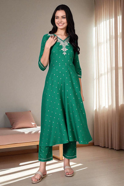 Green Embroidered Glitter Printed Rayon Flared Kurta and Pants Set
