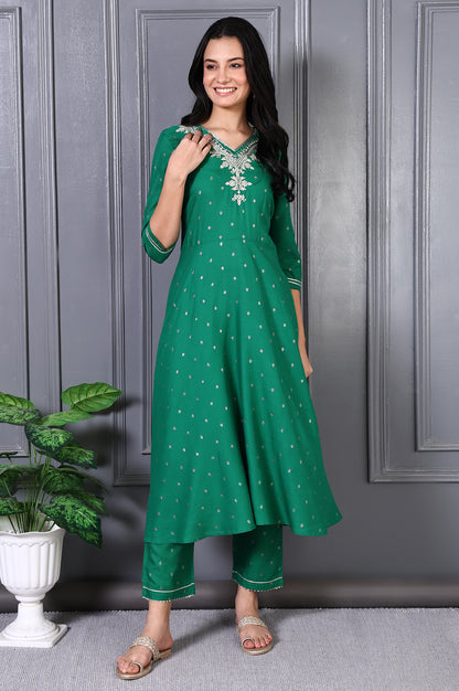 Green Embroidered Glitter Printed Rayon Flared Kurta and Pants Set