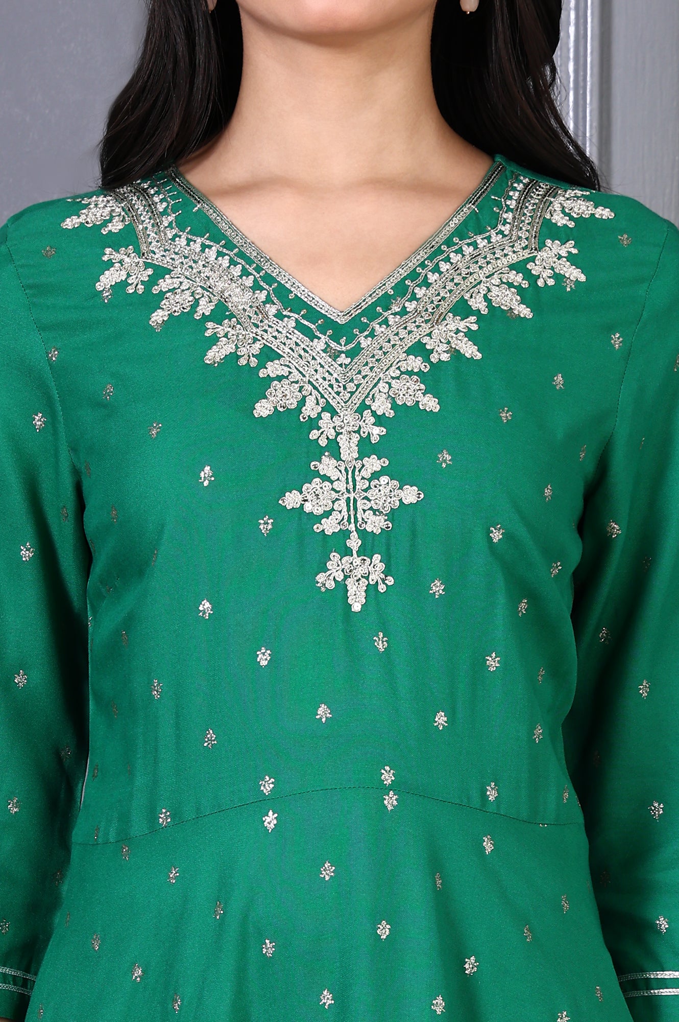 Green Embroidered Glitter Printed Rayon Flared Kurta and Pants Set