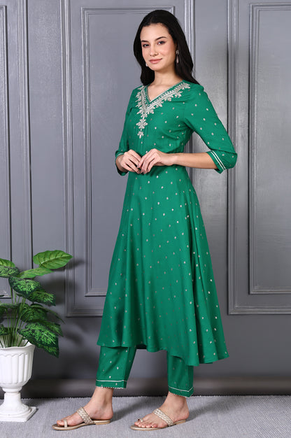 Green Embroidered Glitter Printed Rayon Flared Kurta and Pants Set