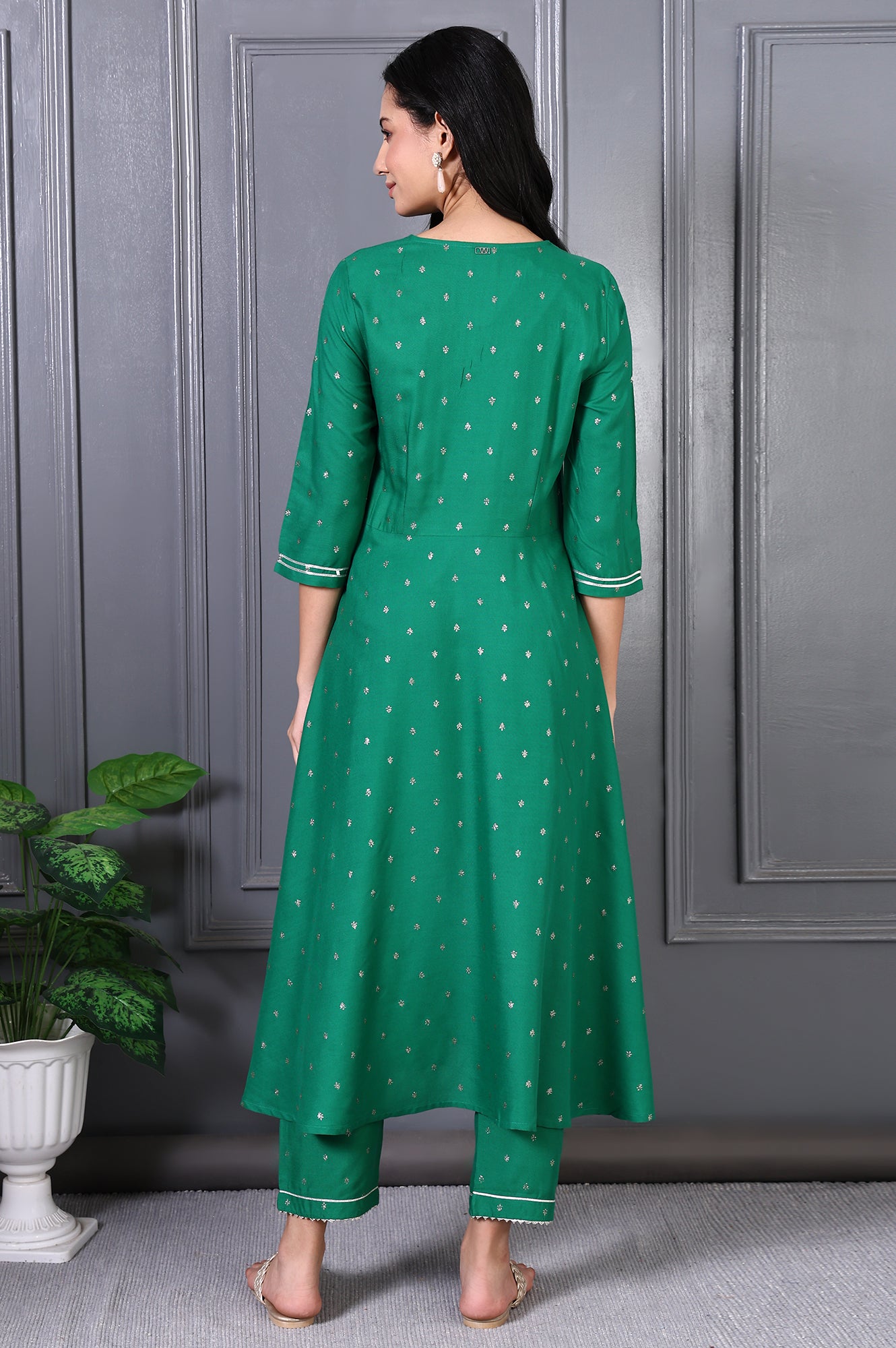 Green Embroidered Glitter Printed Rayon Flared Kurta and Pants Set