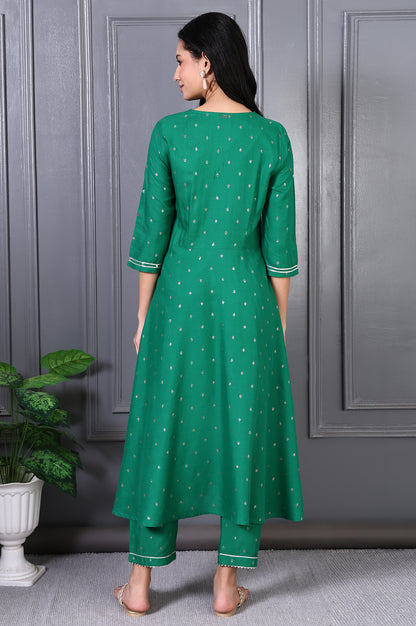 Green Embroidered Glitter Printed Rayon Flared Kurta and Pants Set