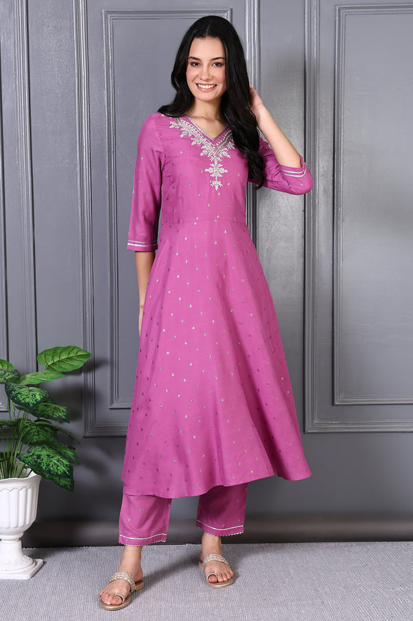 Purple Embroidered Glitter Printed Rayon Flared Kurta and Pants Set