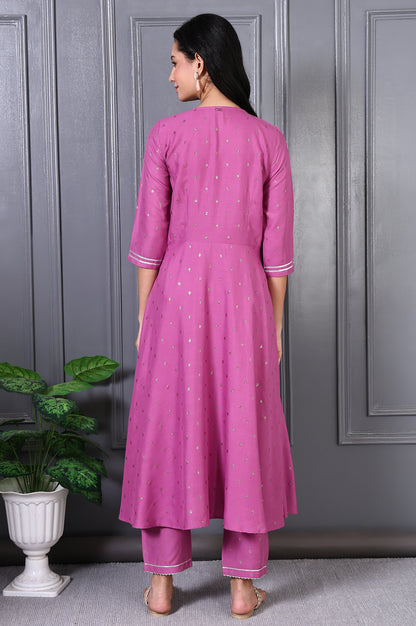 Purple Embroidered Glitter Printed Rayon Flared Kurta and Pants Set