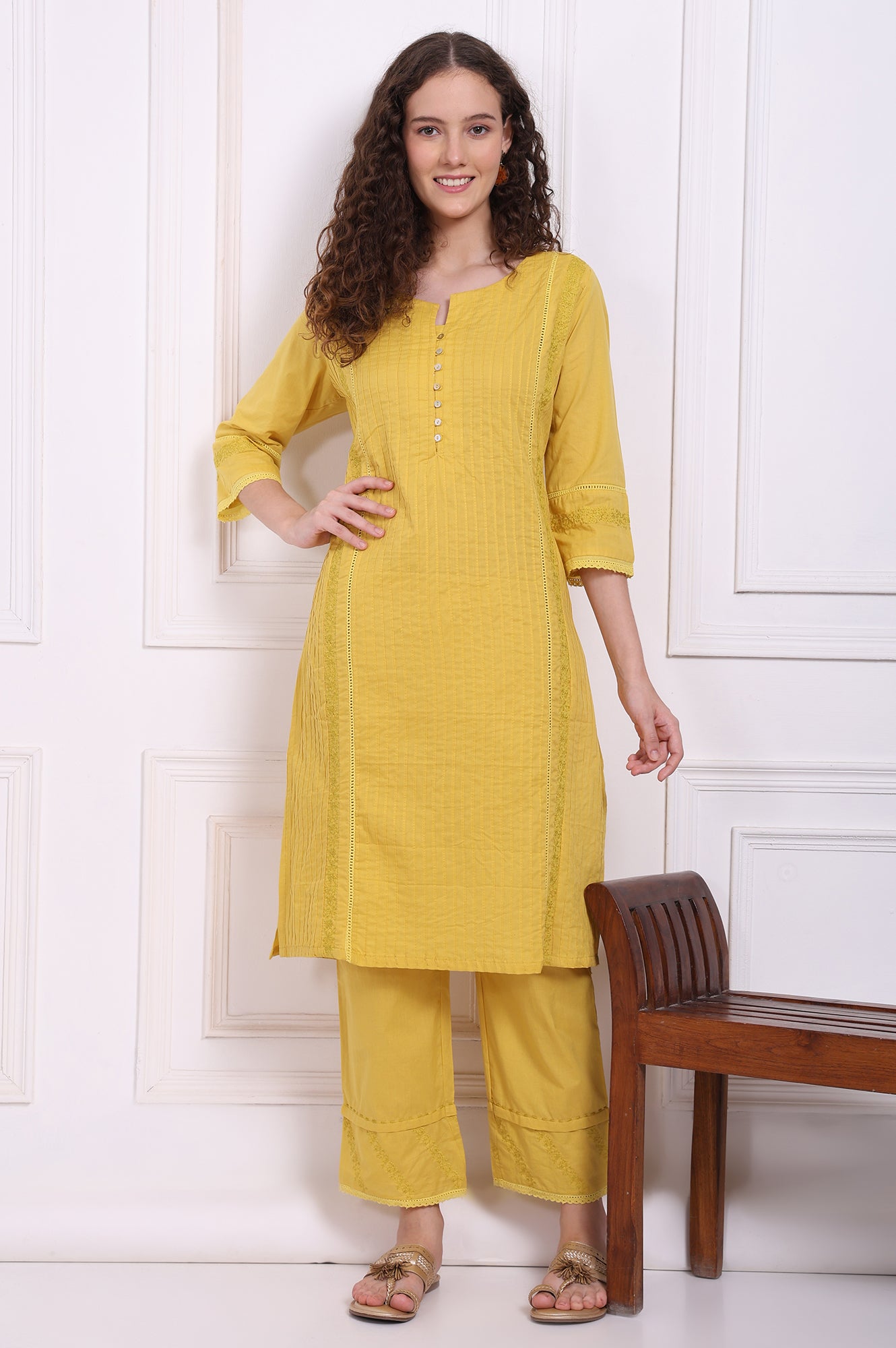 Yellow Embroidered Pure Cotton Straight Kurta and Pants Co-ord Set