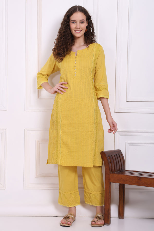 Yellow Embroidered Pure Cotton Straight Kurta and Pants Co-ord Set