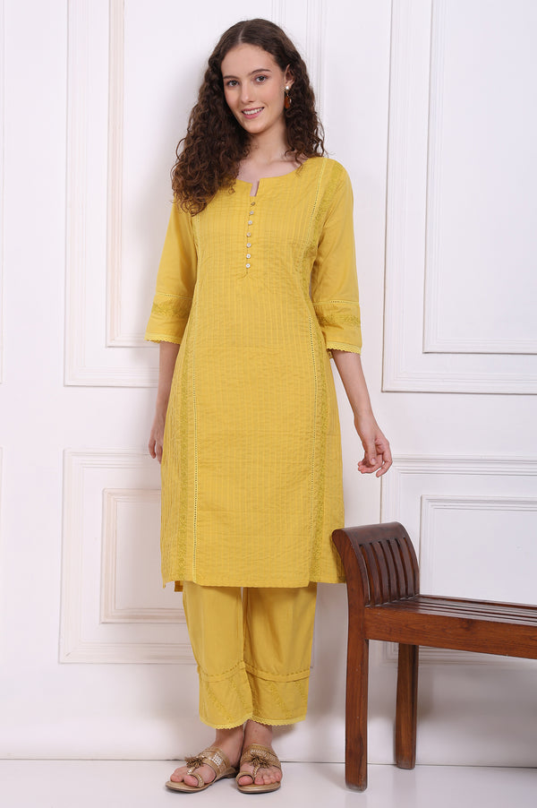 Yellow Embroidered Pure Cotton Straight Kurta and Pants Co-ord Set