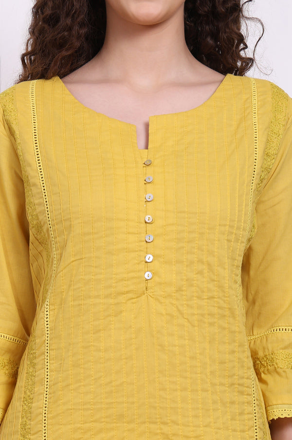 Yellow Embroidered Pure Cotton Straight Kurta and Pants Co-ord Set