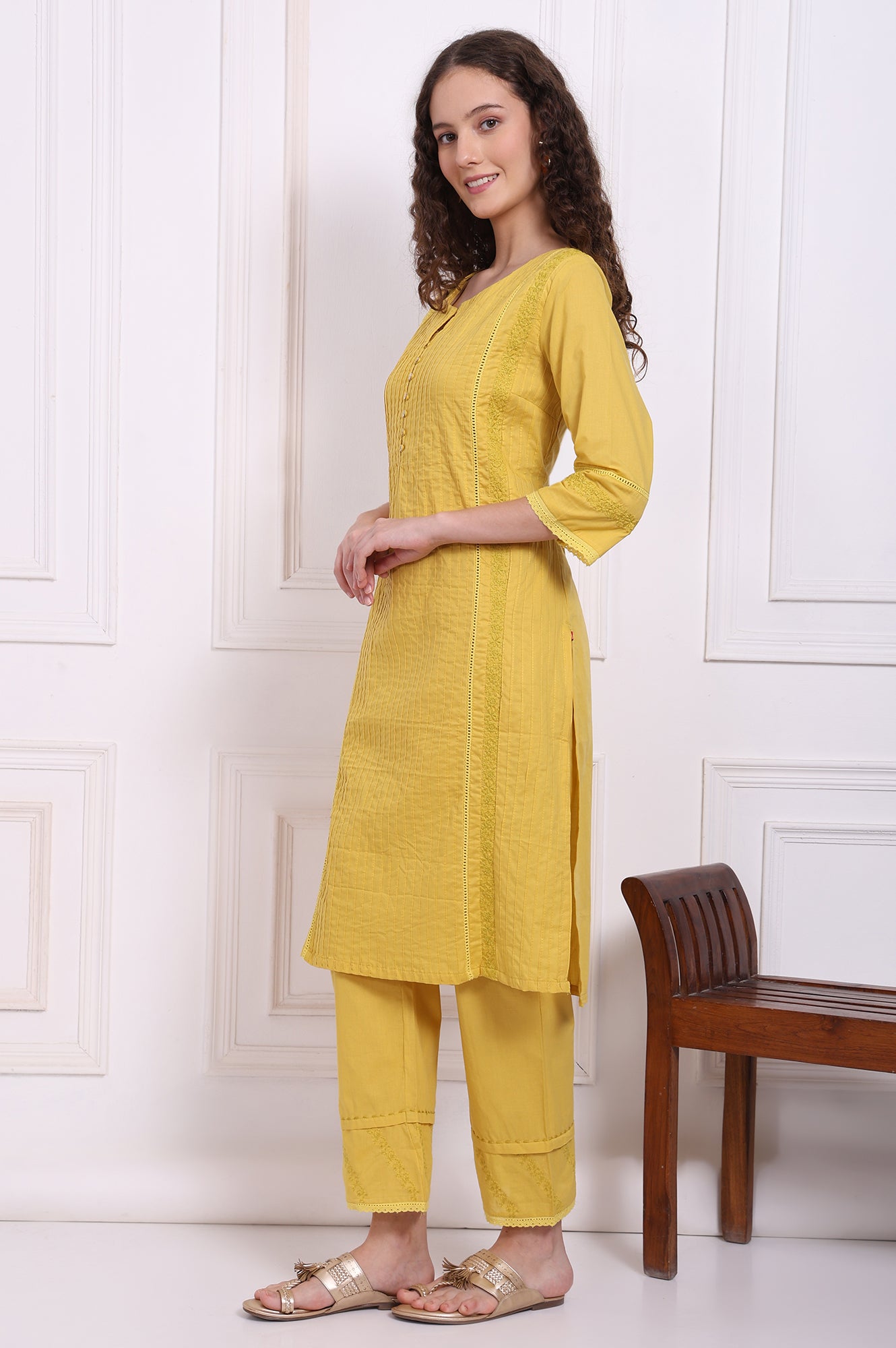 Yellow Embroidered Pure Cotton Straight Kurta and Pants Co-ord Set
