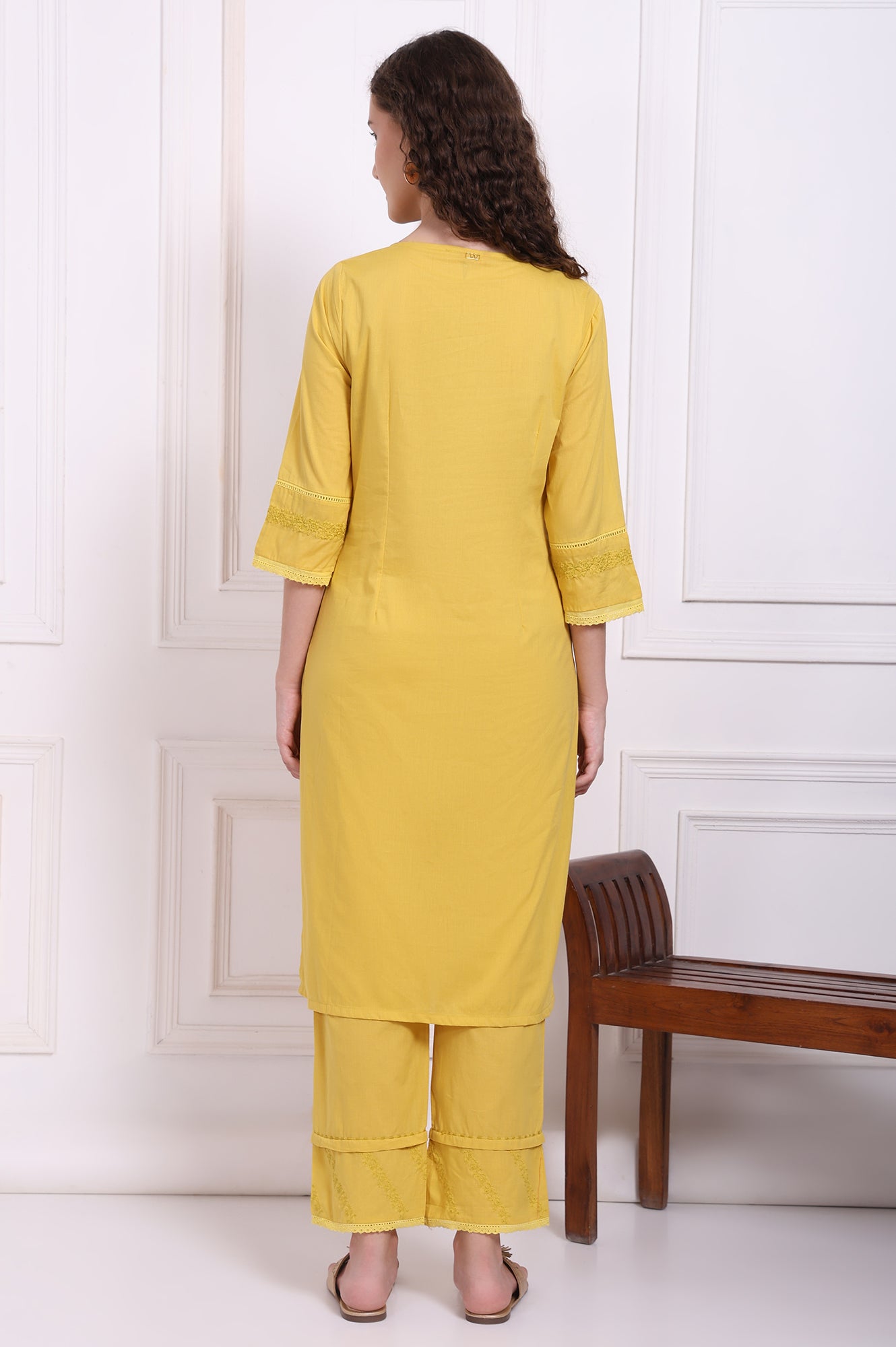 Yellow Embroidered Pure Cotton Straight Kurta and Pants Co-ord Set