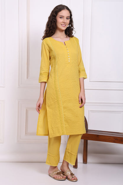 Yellow Embroidered Pure Cotton Straight Kurta and Pants Co-ord Set