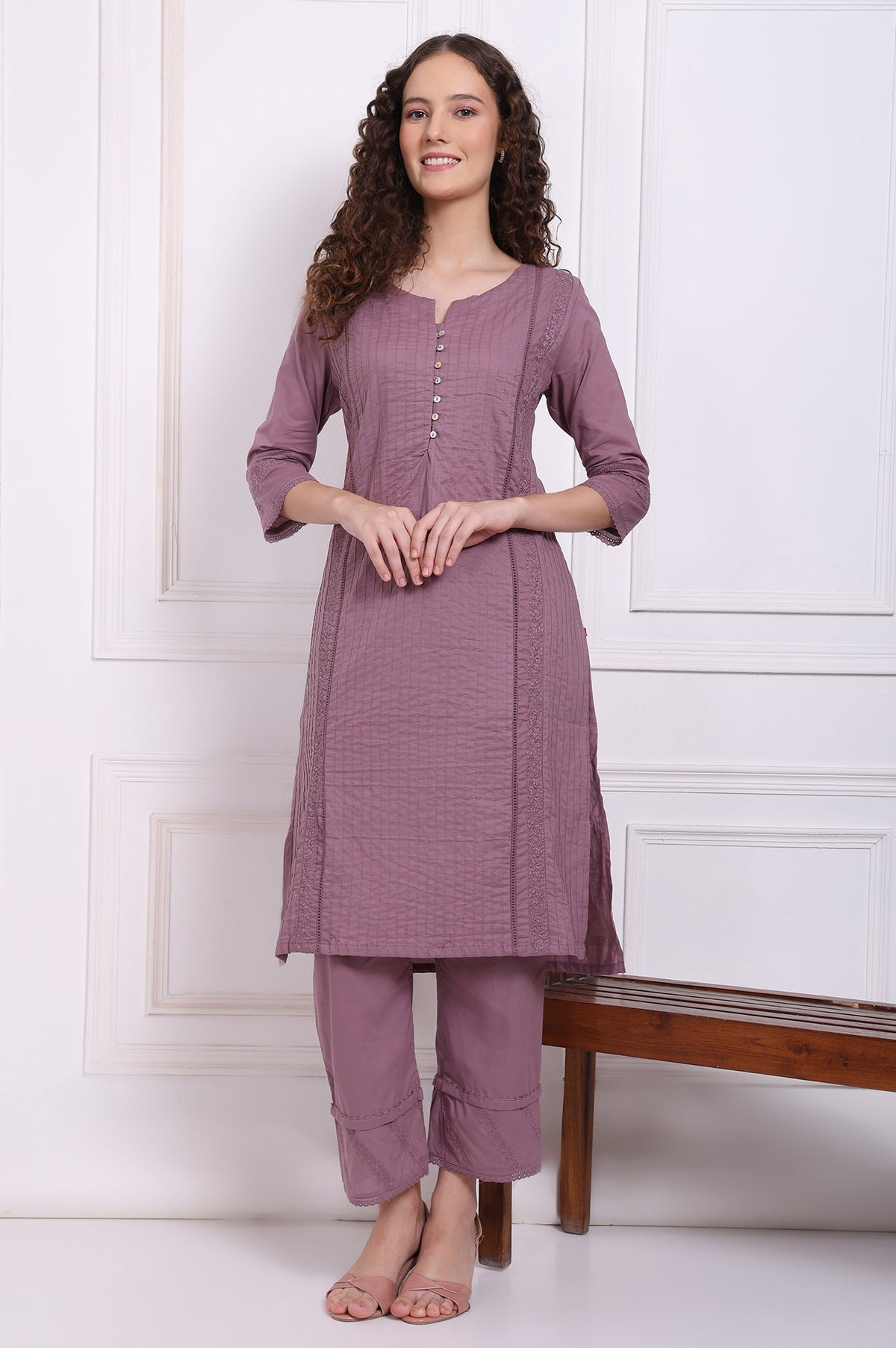 Purple Embroidered Pure Cotton Straight Kurta and Pants Co-ord Set - XS
