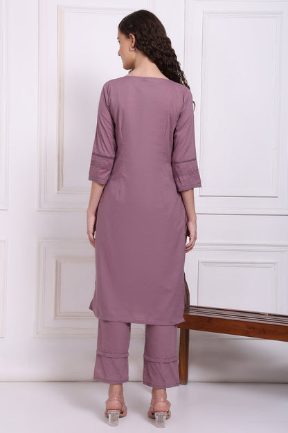 Purple Embroidered Pure Cotton Straight Kurta and Pants Co-ord Set