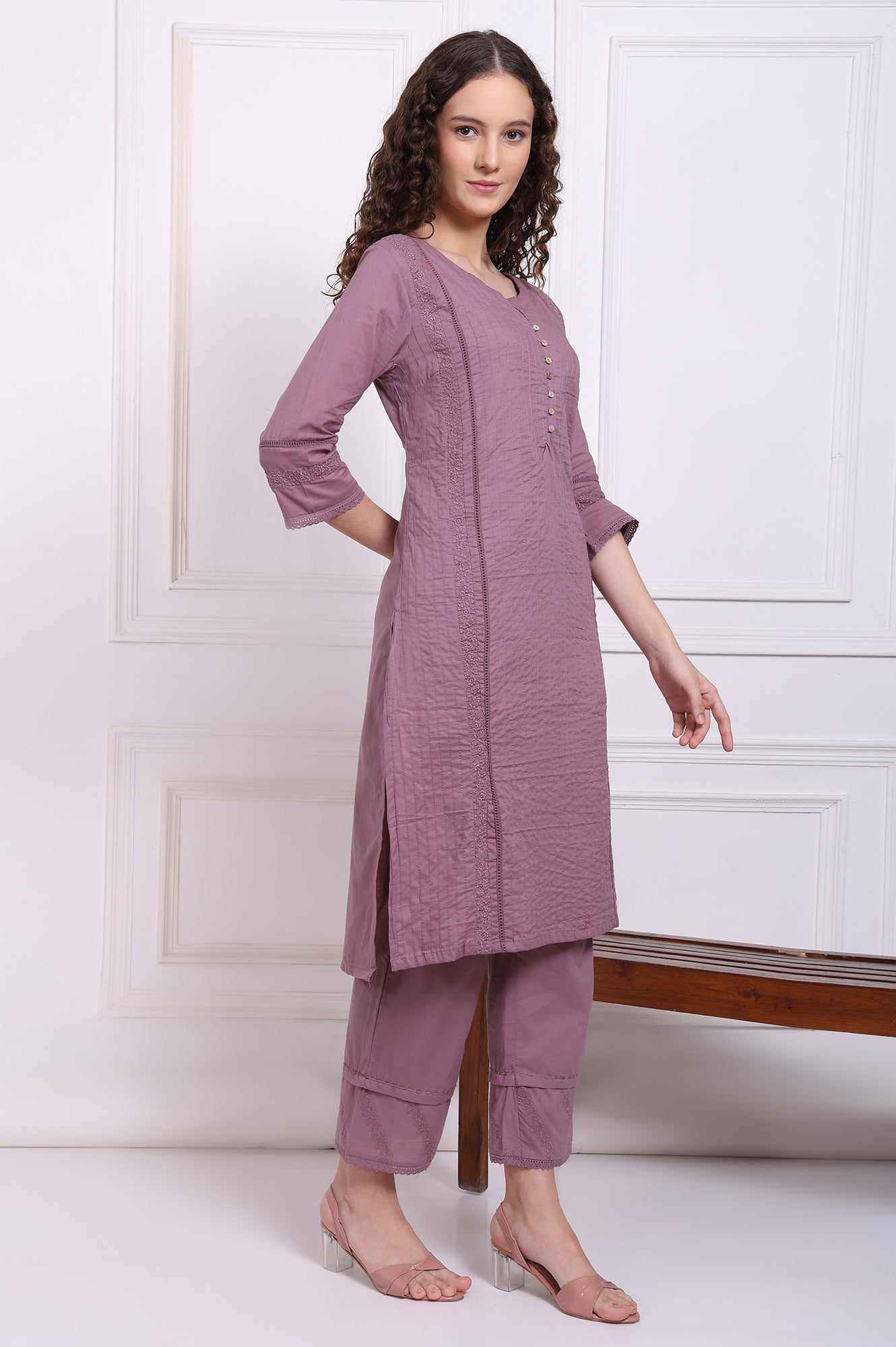 Purple Embroidered Pure Cotton Straight Kurta and Pants Co-ord Set