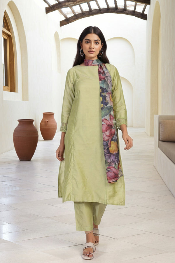 Light Green Solid Lace Trim Straight Kurta with Straight Pant and Dupatta Set