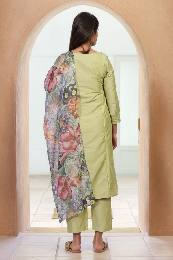 Light Green Solid Lace Trim Straight Kurta with Straight Pant and Dupatta Set