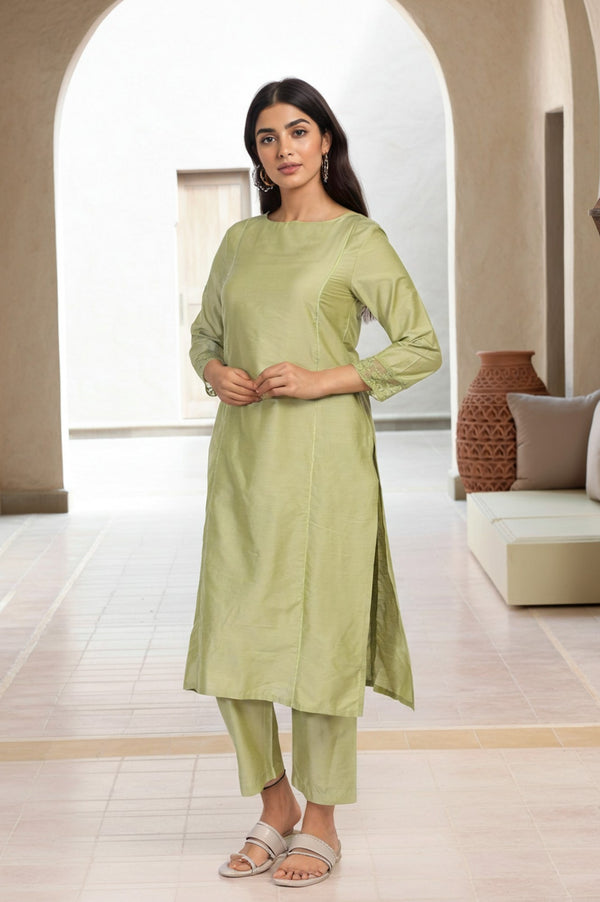 Light Green Solid Lace Trim Straight Kurta with Straight Pant and Dupatta Set