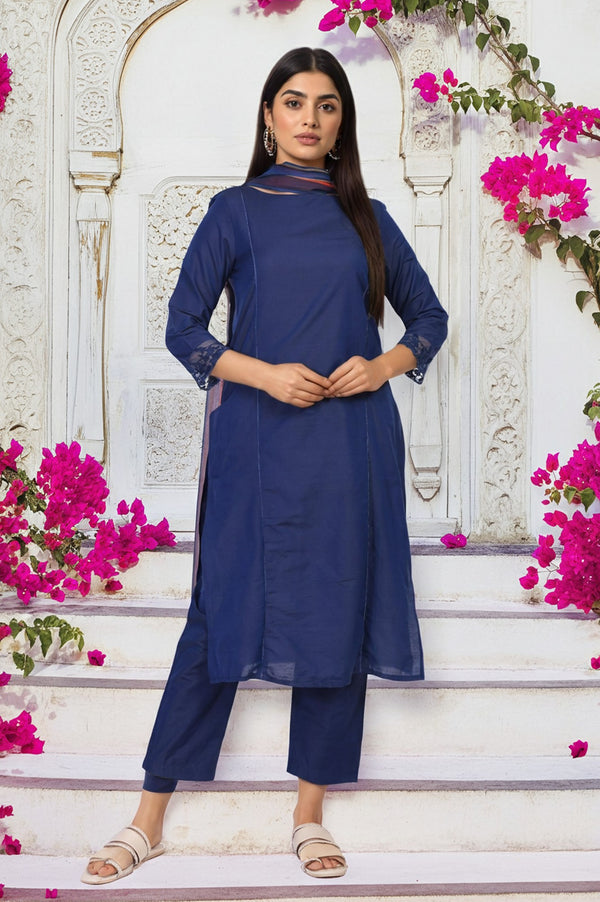 Navy Blue Solid Lace Trim Straight Kurta with Straight Pant and Dupatta Set