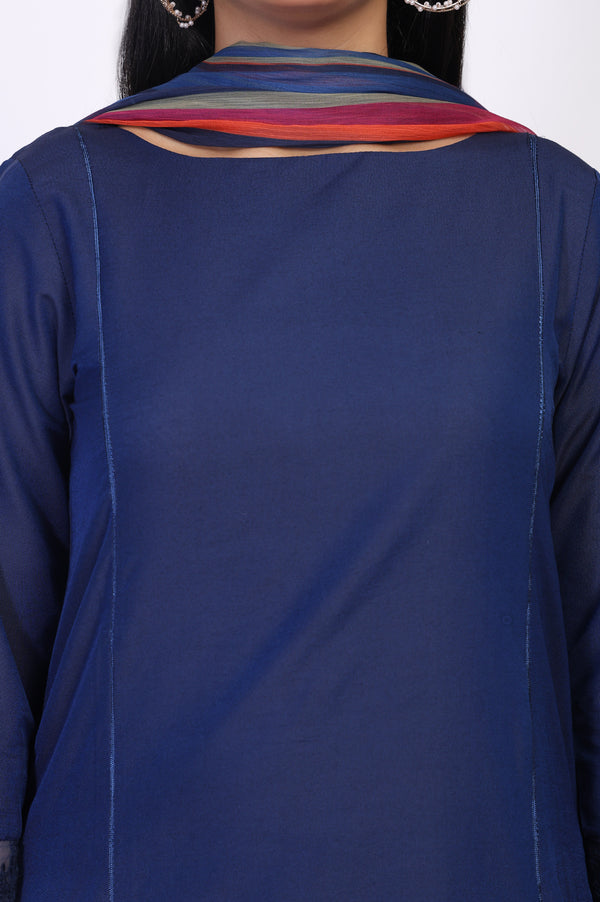 Navy Blue Solid Lace Trim Straight Kurta with Straight Pant and Dupatta Set