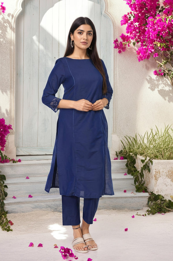 Navy Blue Solid Lace Trim Straight Kurta with Straight Pant and Dupatta Set