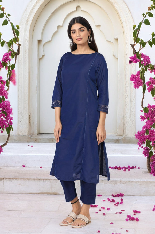 Navy Blue Solid Lace Trim Straight Kurta with Straight Pant and Dupatta Set