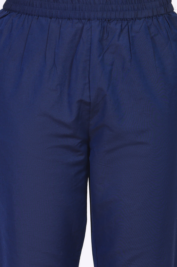 Navy Blue Solid Lace Trim Straight Kurta with Straight Pant and Dupatta Set