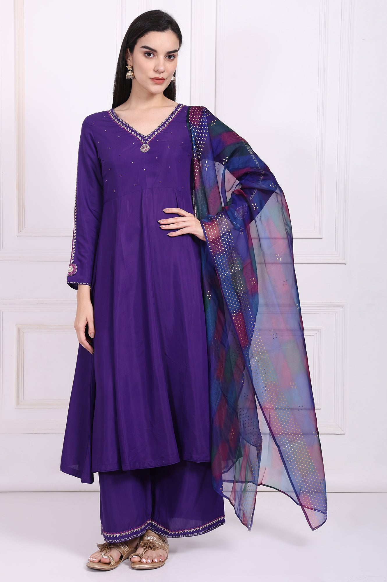 Purple Embroidered Anarkali Kurta with Parallel Pant and Dupatta Set