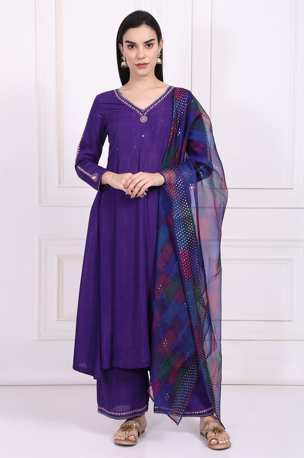 Purple Embroidered Anarkali Kurta with Parallel Pant and Dupatta Set