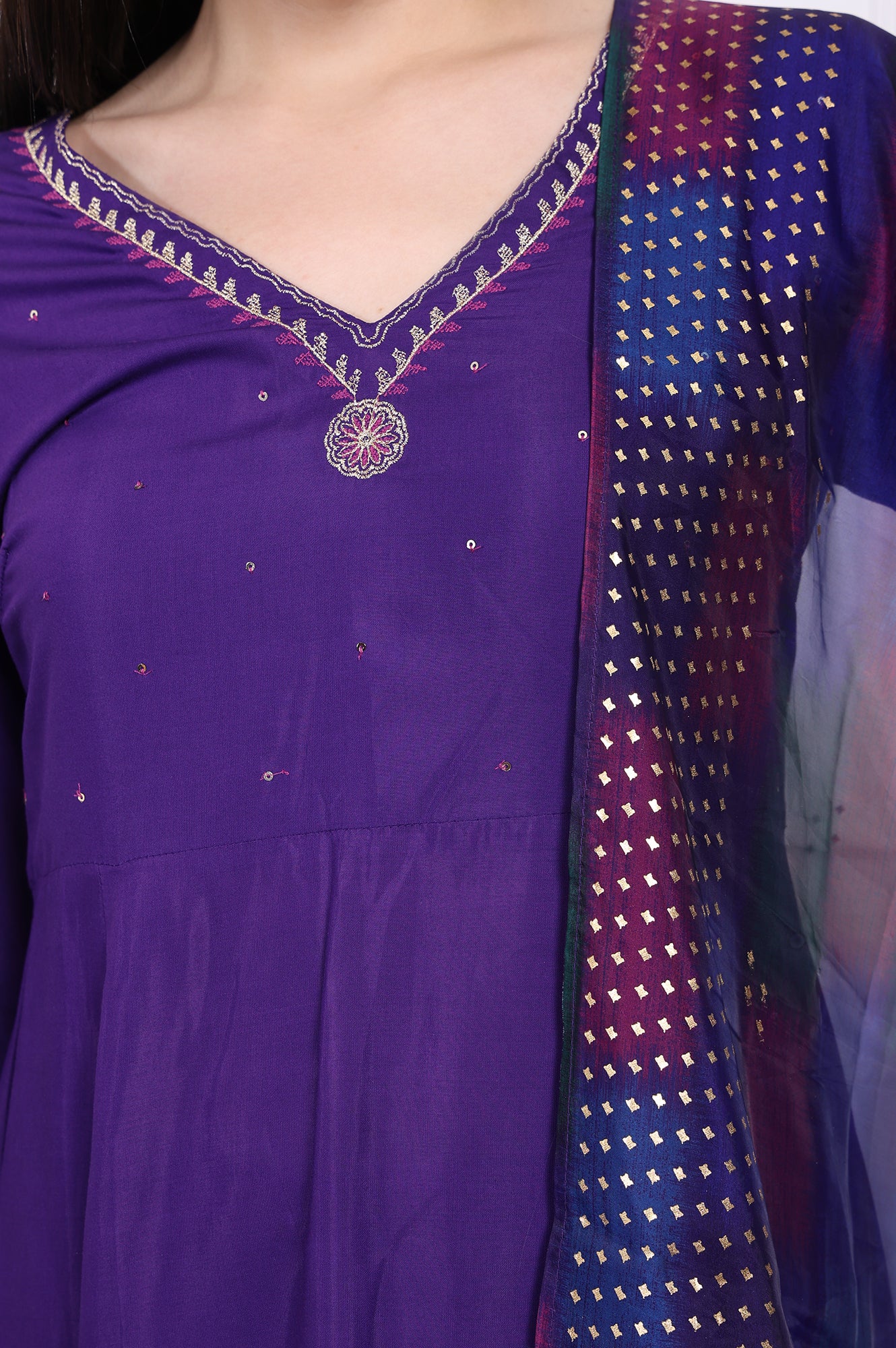 Purple Embroidered Anarkali Kurta with Parallel Pant and Dupatta Set