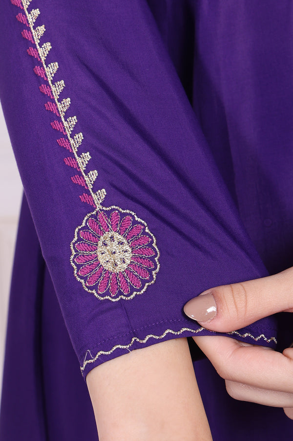 Purple Embroidered Anarkali Kurta with Parallel Pant and Dupatta Set