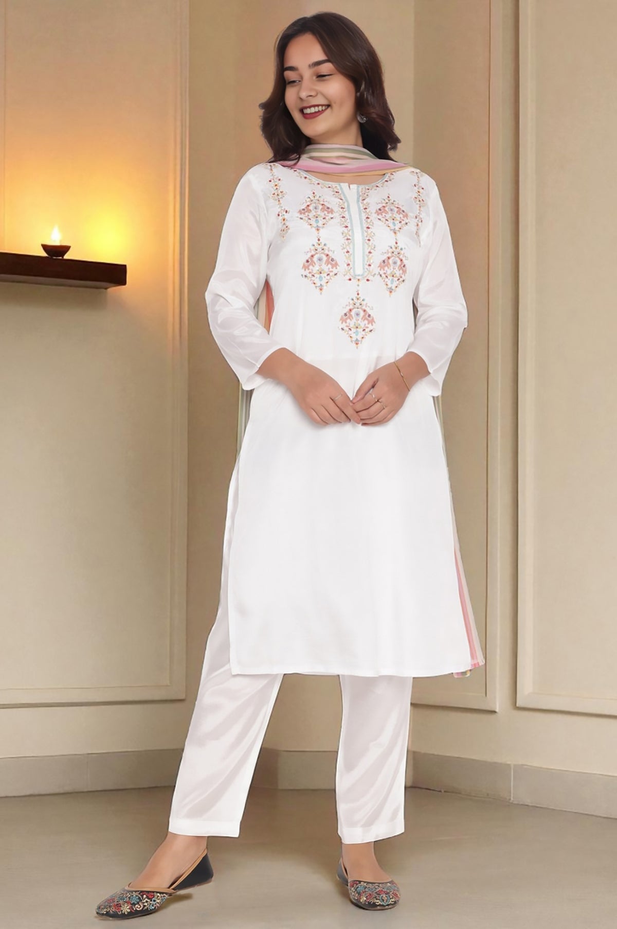 Ecru Solid Printed Shantung Straight Kurta, Straight Pant and Dupatta Set - S