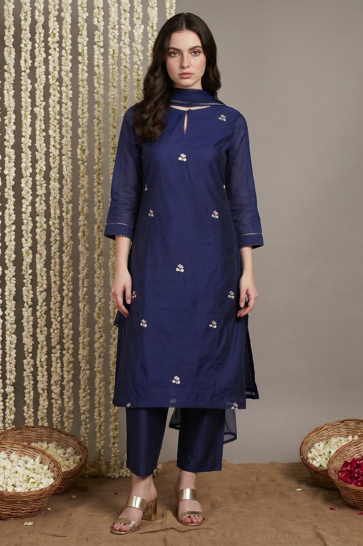 Navy Blue Zari Chanderi Straight Kurta with Straight Pant and Dupatta Set - S