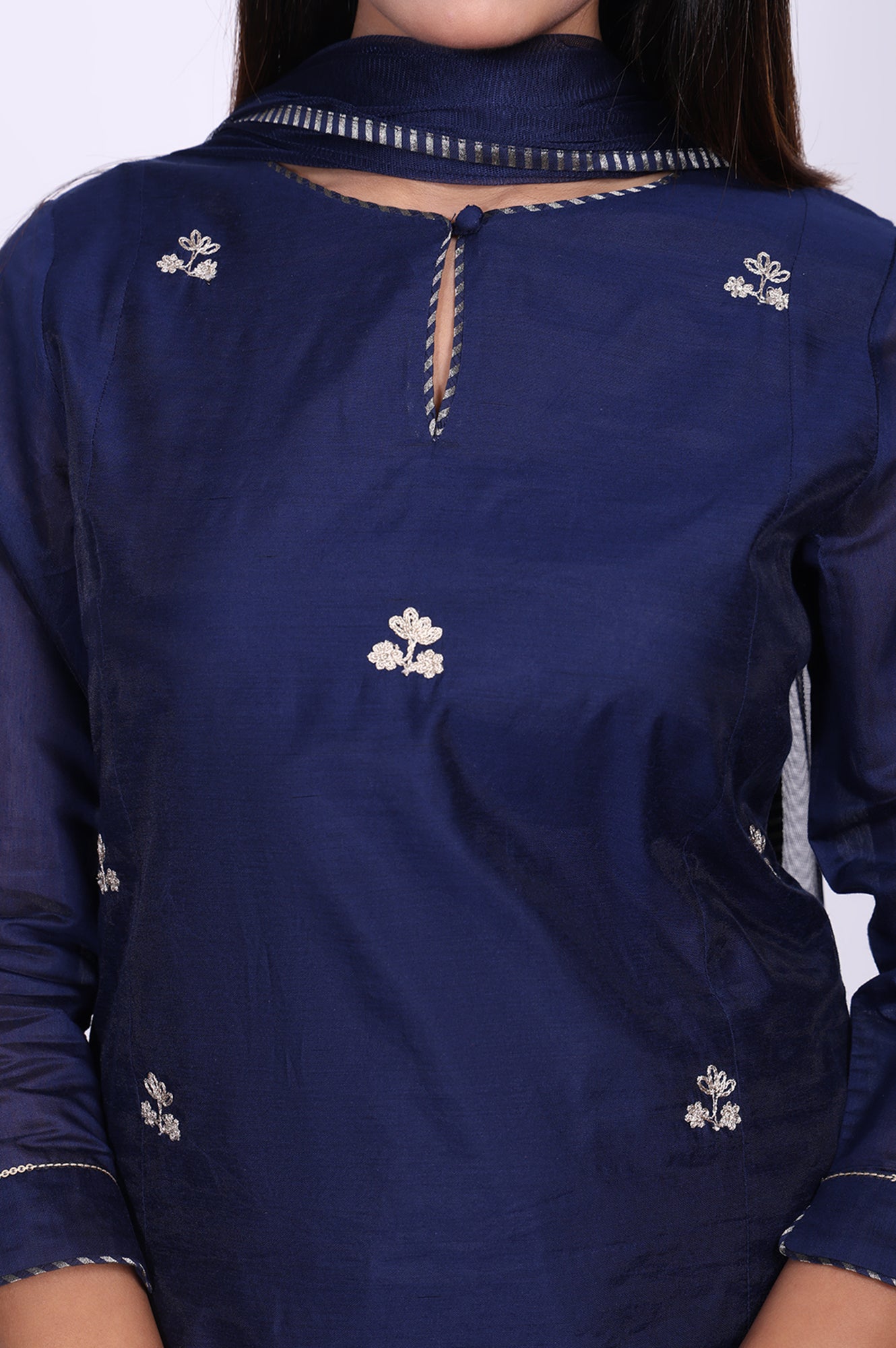 Navy Blue Zari Chanderi Straight Kurta with Straight Pant and Dupatta Set