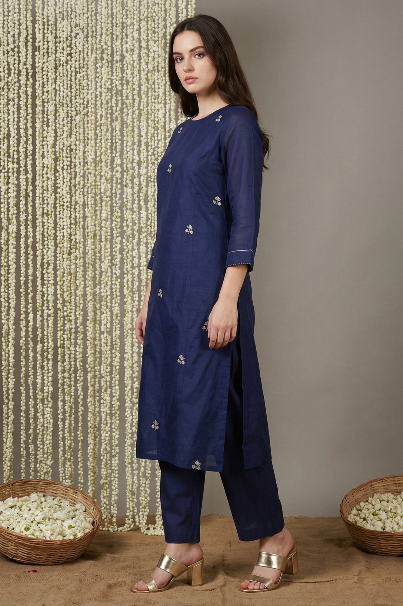 Navy Blue Zari Chanderi Straight Kurta with Straight Pant and Dupatta Set