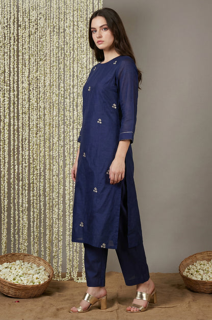 Navy Blue Zari Chanderi Straight Kurta with Straight Pant and Dupatta Set