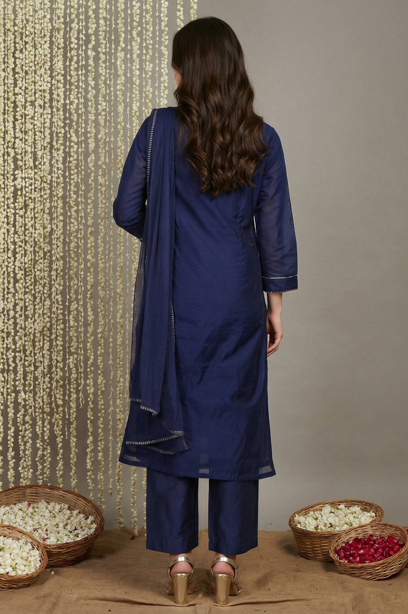 Navy Blue Zari Chanderi Straight Kurta with Straight Pant and Dupatta Set