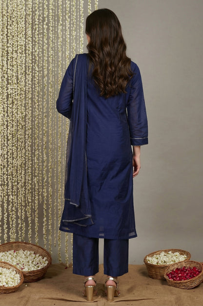 Navy Blue Zari Chanderi Straight Kurta with Straight Pant and Dupatta Set