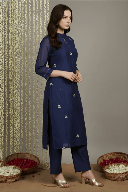 Navy Blue Zari Chanderi Straight Kurta with Straight Pant and Dupatta Set