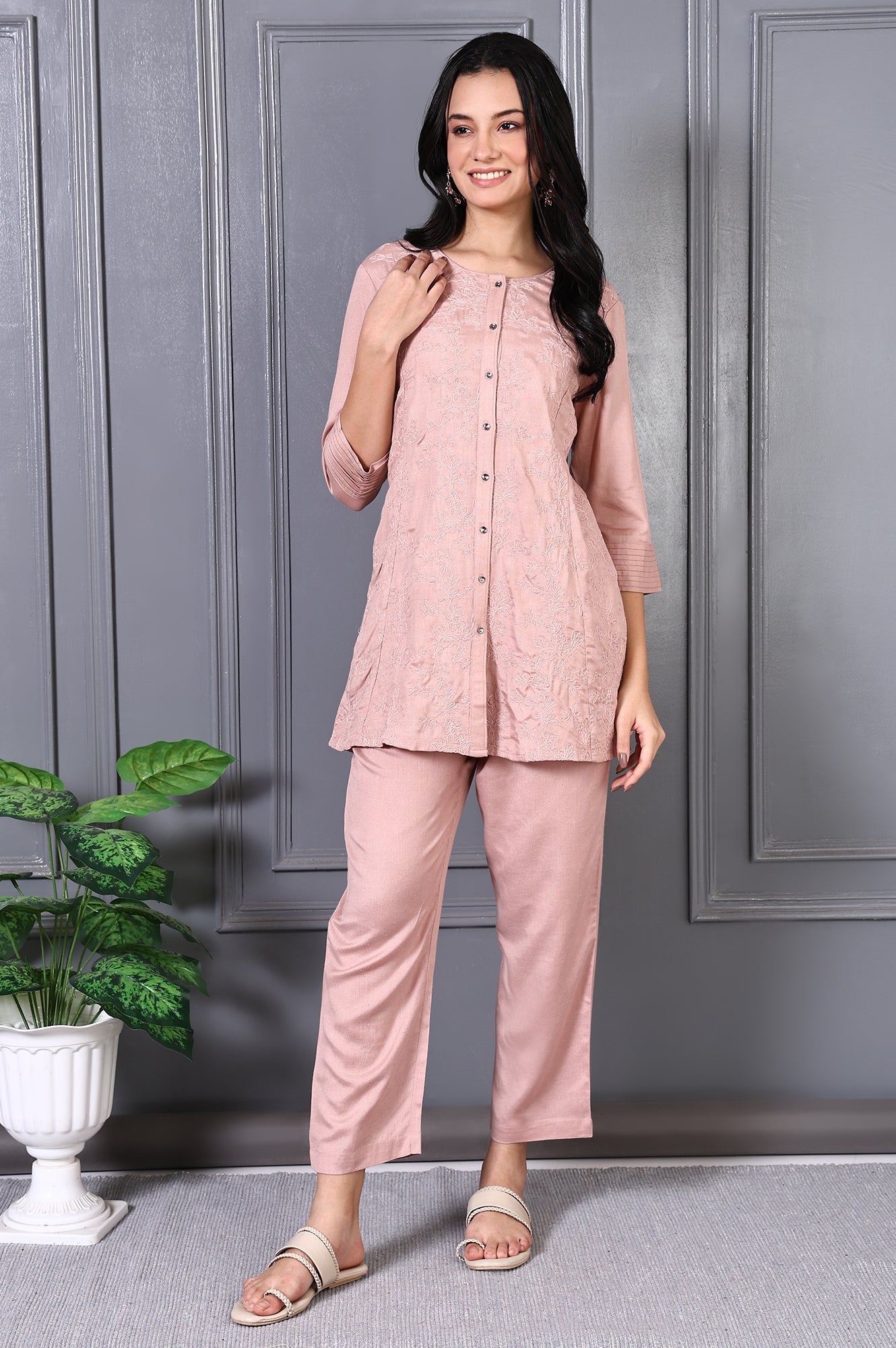 Pink Thread Embroidered Rayon Flax Straight Tunic and Pants Co-ord Set
