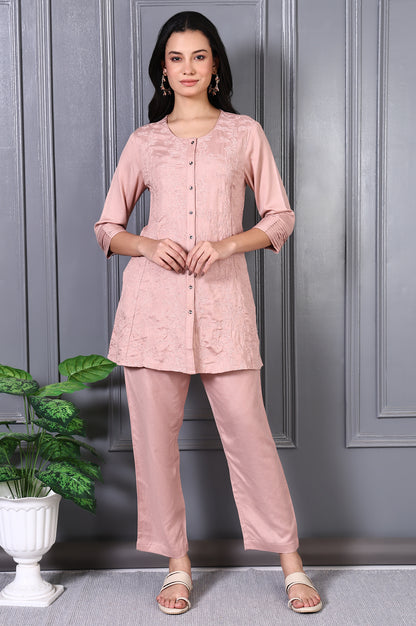 Pink Thread Embroidered Rayon Flax Straight Tunic and Pants Co-ord Set